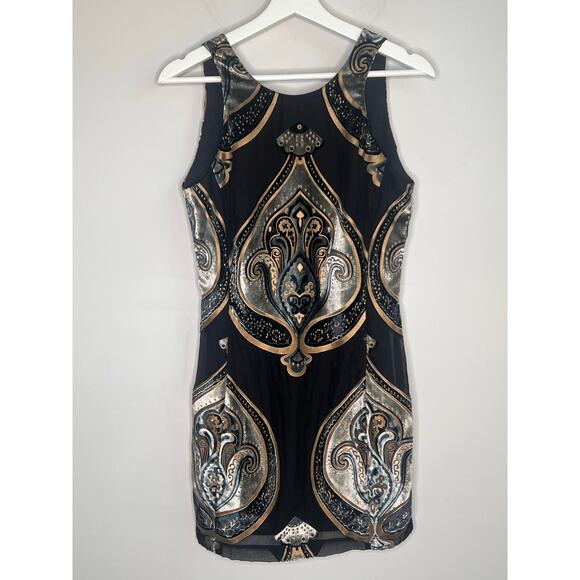 Lavender Brown Velvet & Crepe Paisley Sleeveless Mini Shift Dress Black XS NWT - Picture 2 of 10